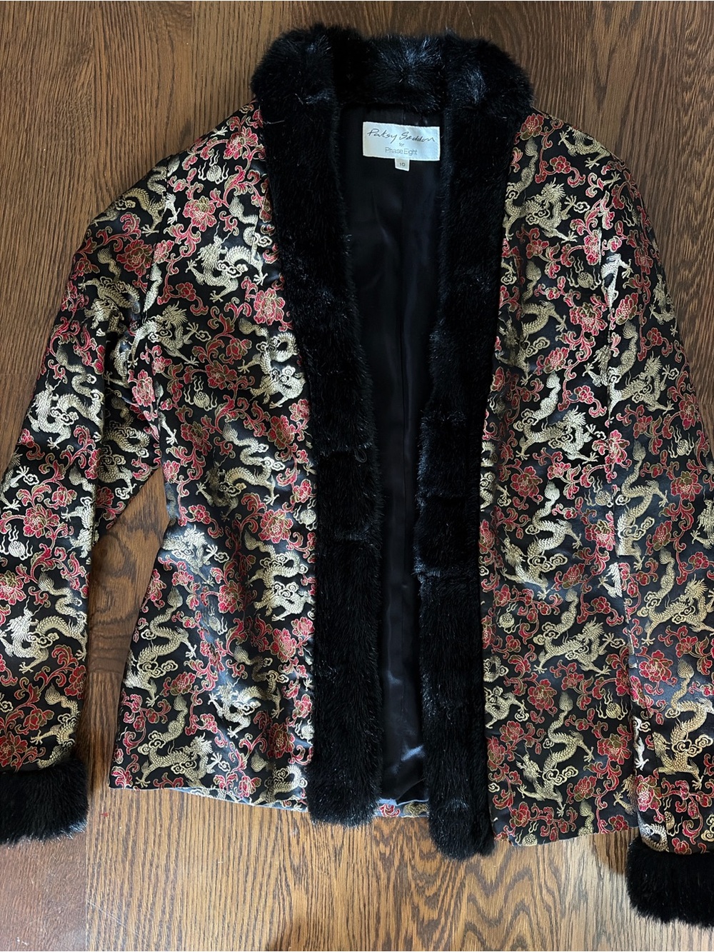 Black & Gold Brocade Faux-Fur Trim Jacket